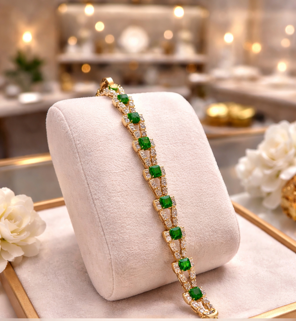Gold Emerald-Green Deco Halo Link Bracelet