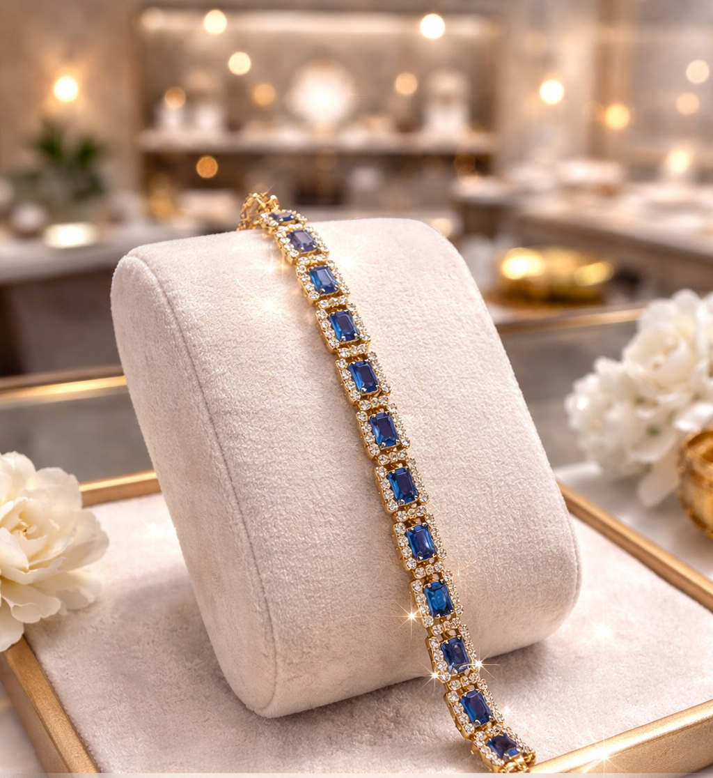 Gold Sapphire-Blue Halo Tennis Bracelet