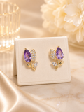 Gold Purple Teardrop Flower Stud Earrings