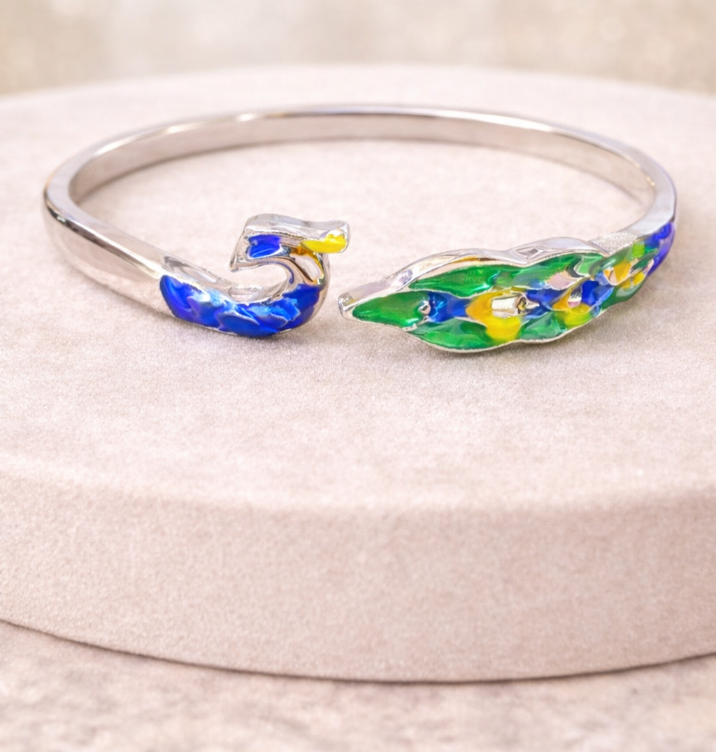 Silver Peacock Meenakari Open Bangle