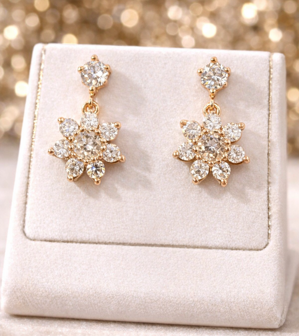 Gold Crystal Snowflake Flower Drop Earrings
