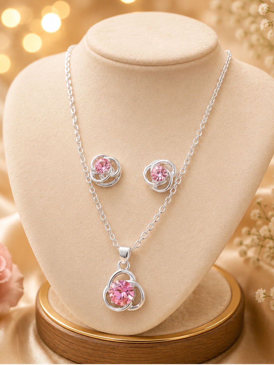 Silver Pink Crystal Heart Necklace and Earrings Set