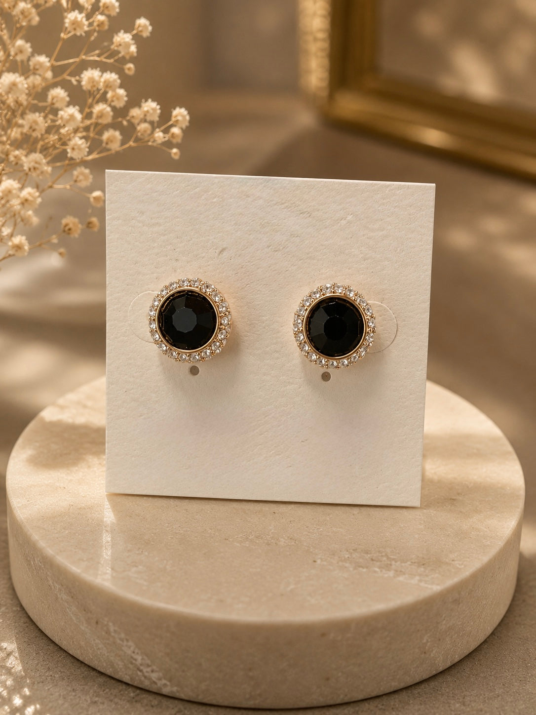 Gold Black Halo Stud Earrings