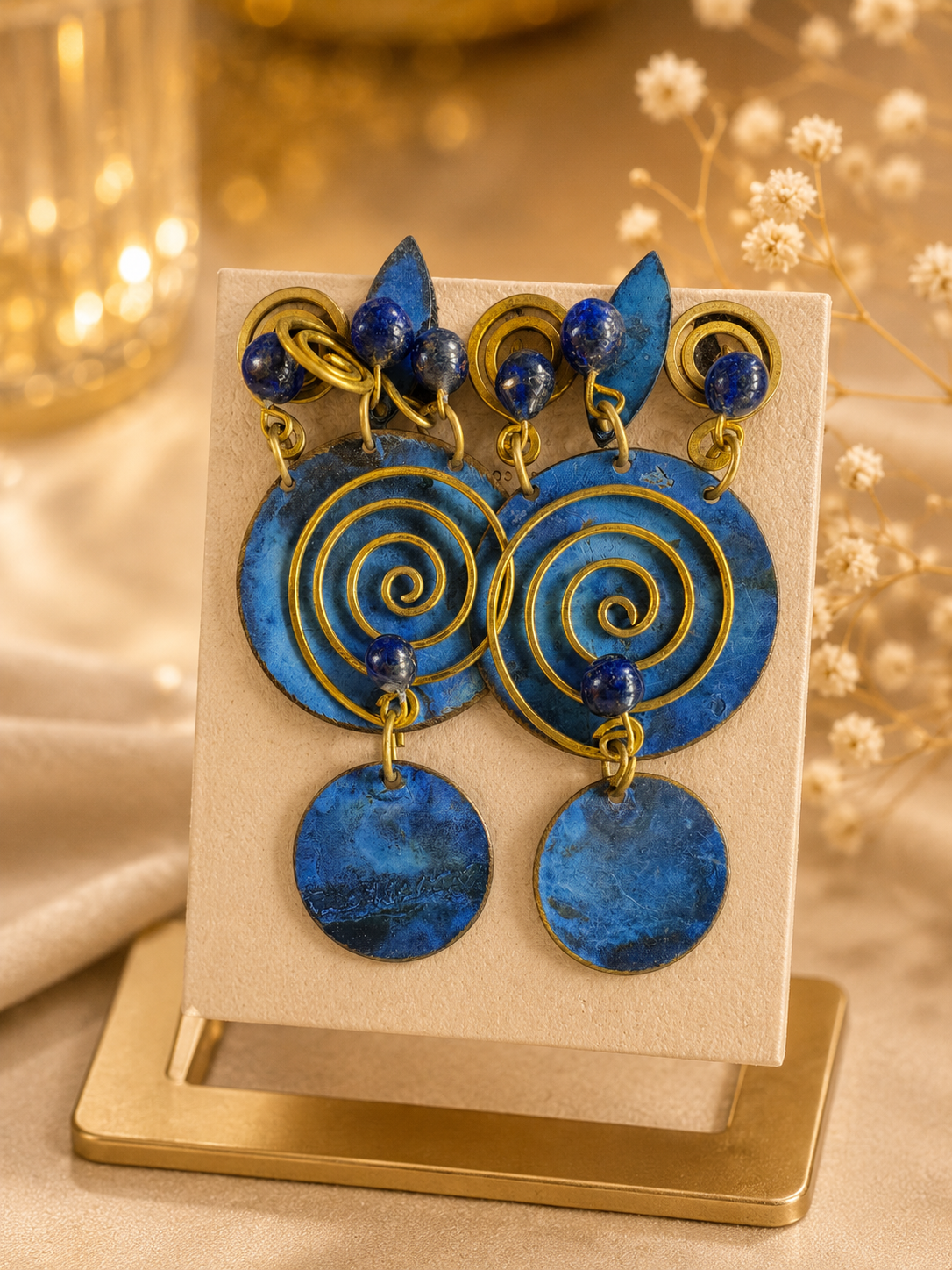 Artisan Blue & Brass Spiral Drop Earrings