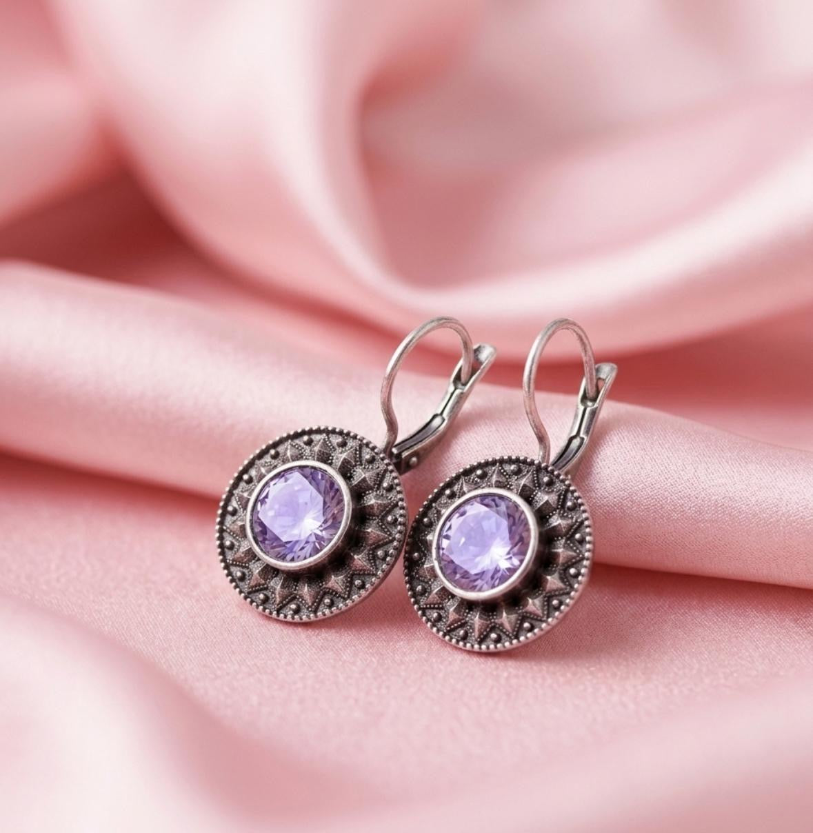 Silver Purple Stone Leverback Earrings