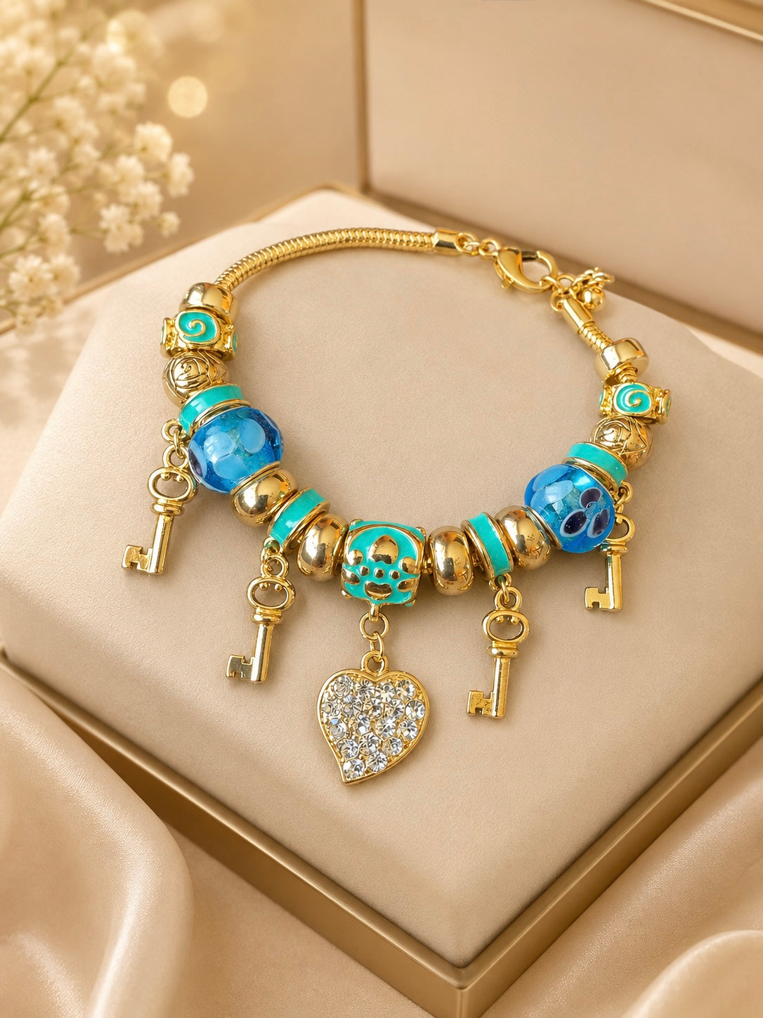 Gold Key & Crystal Heart Charm Bracelet