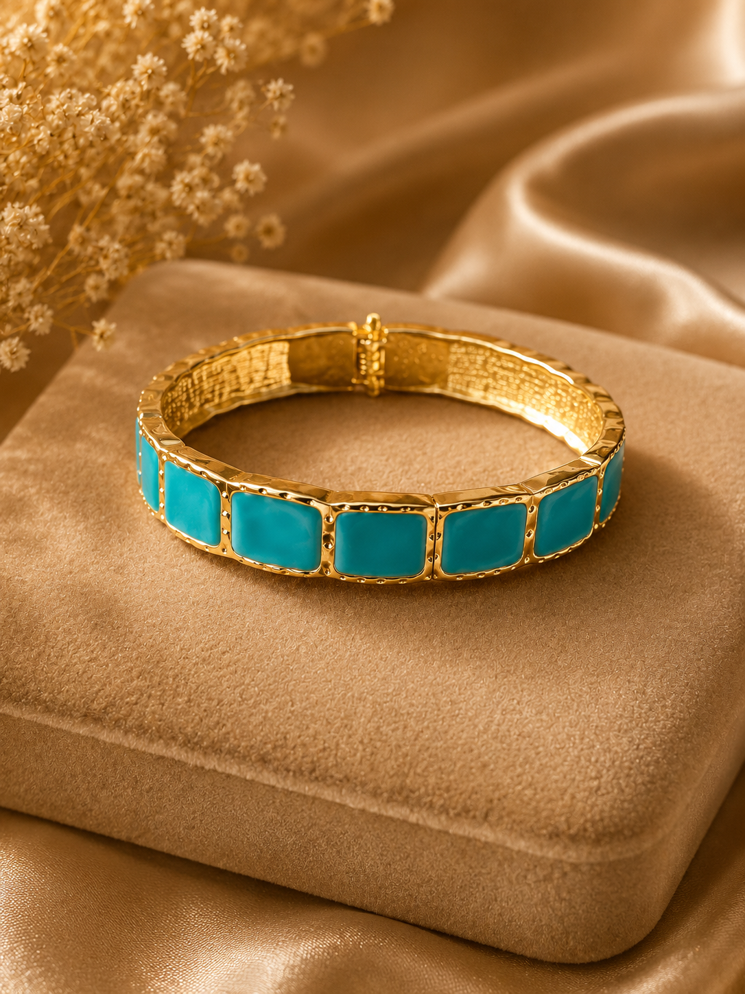 Gold Turquoise Tile Hinged Bangle