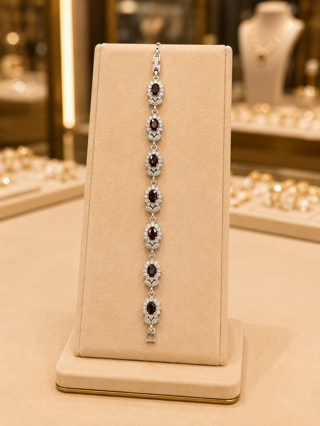 Silver Oval Ruby Halo Bracelet
