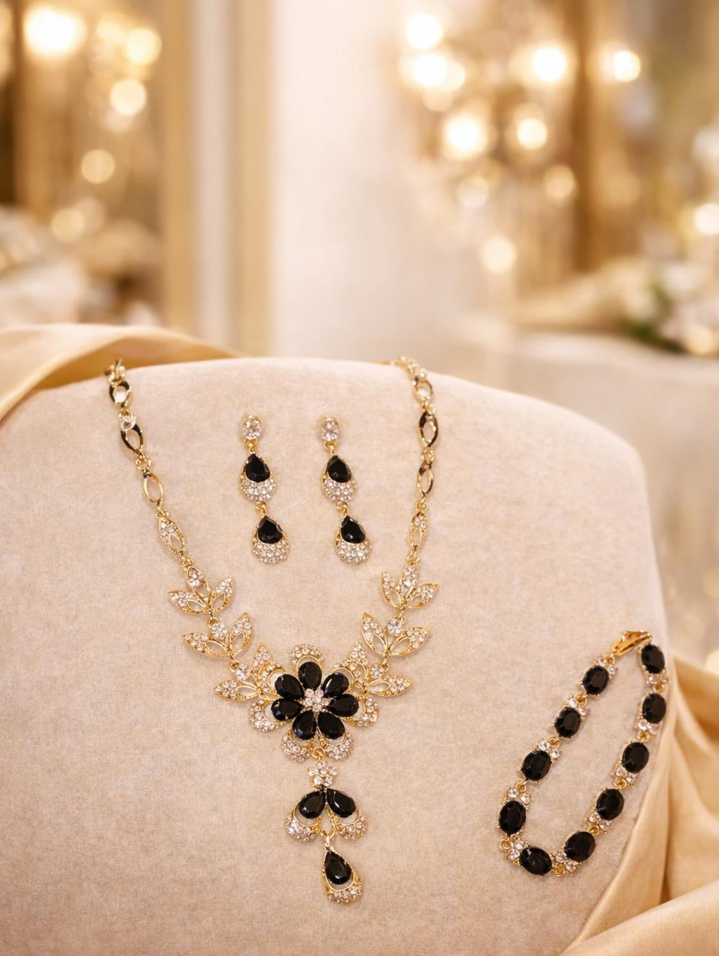 Black Crystal Floral Jewelry Set