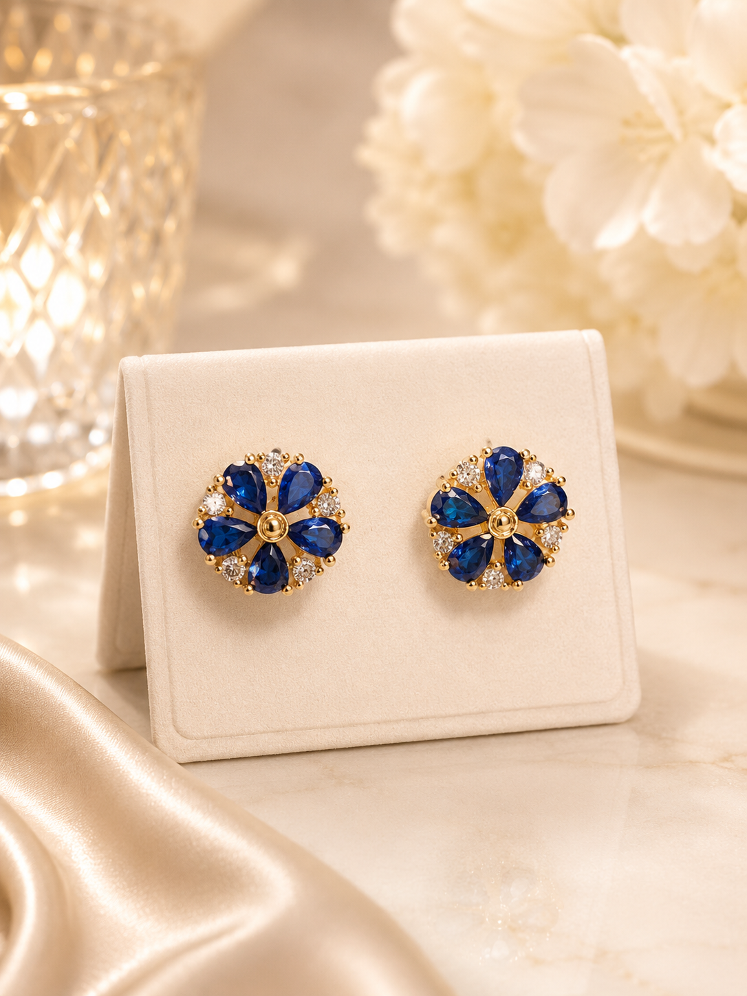 Sapphire Blue Crystal Floral Stud Earrings