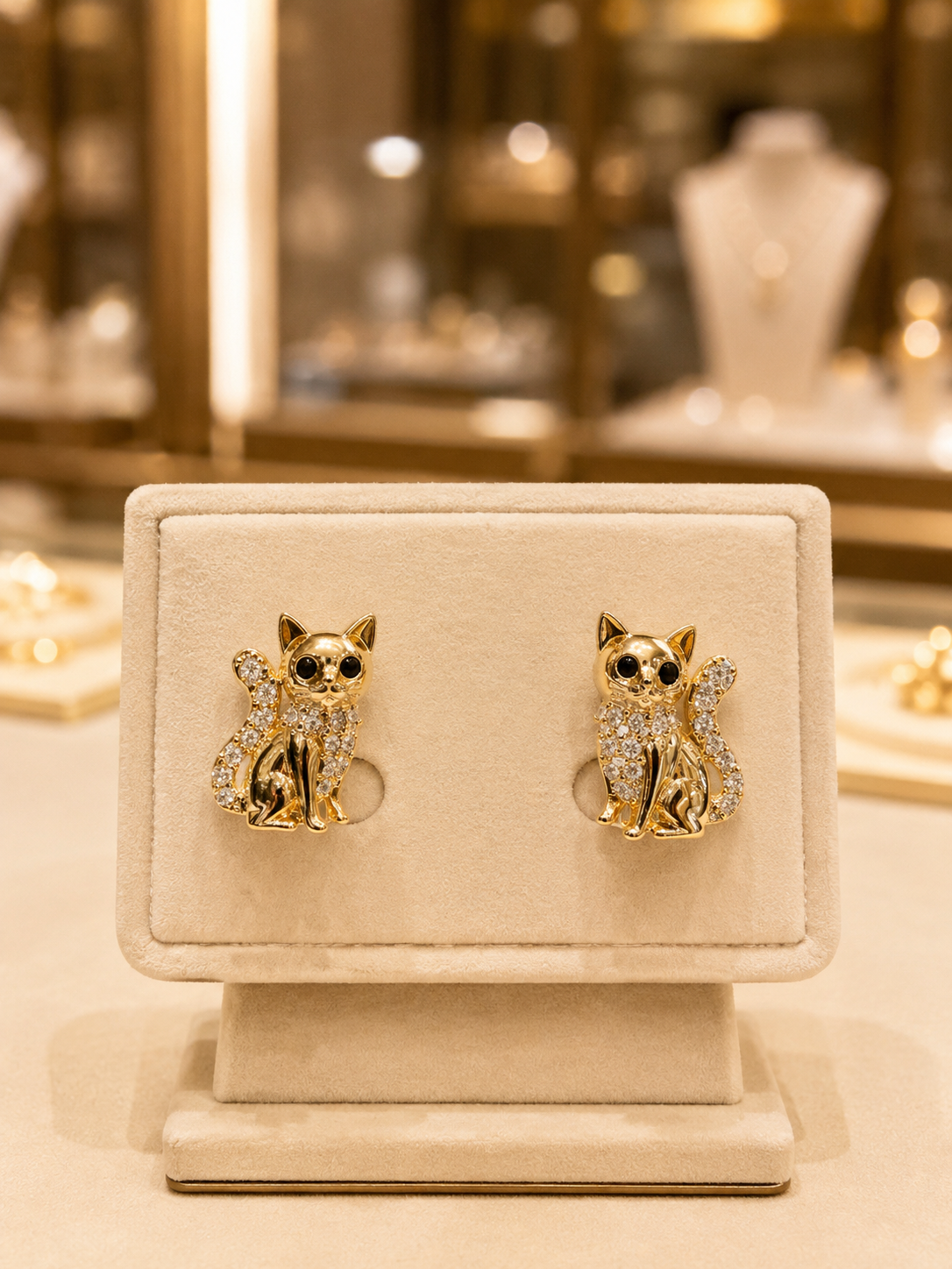 Gold Cat Stud Earrings with Stones