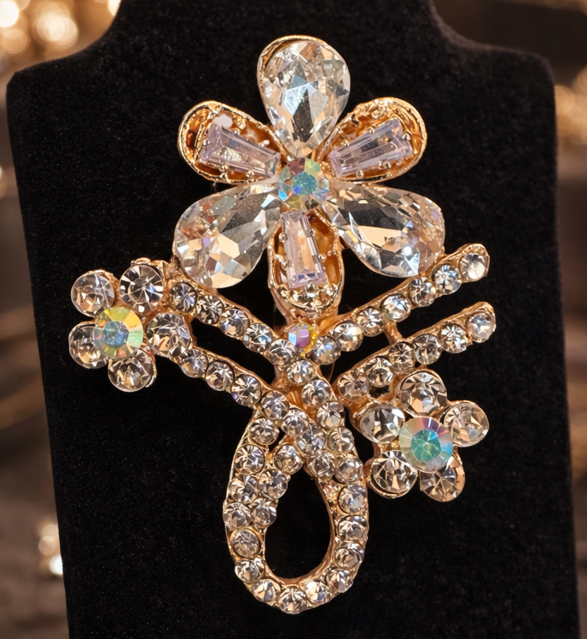 Gold Crystal Flower Bouquet Brooch Pin