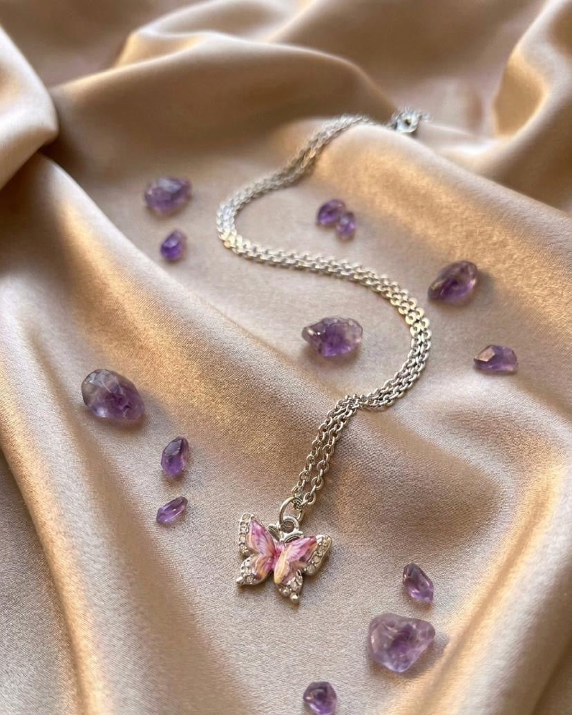 Pink Crystal Butterfly Pendant Necklace