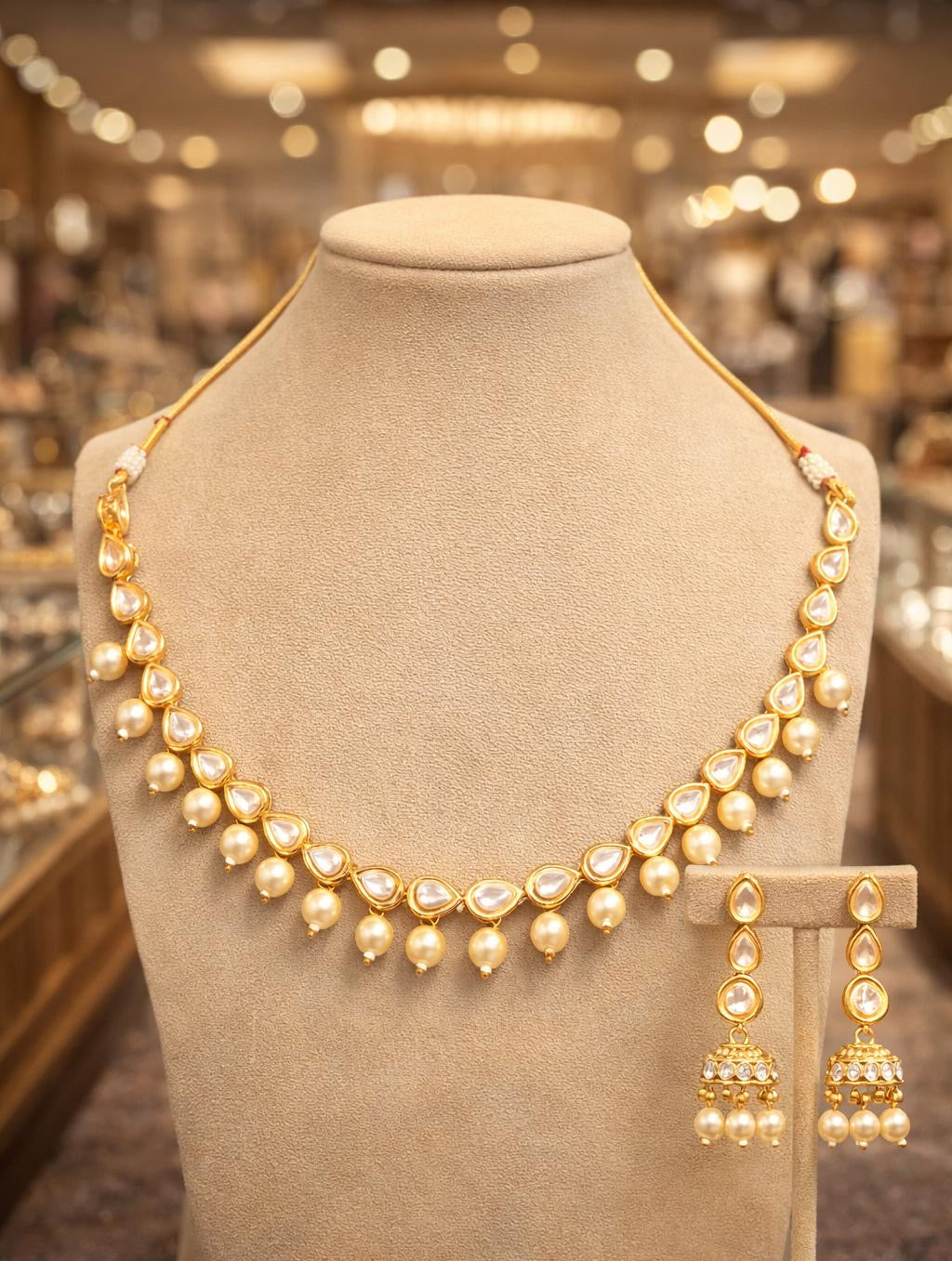 Gold plated kundan white jumkai set
