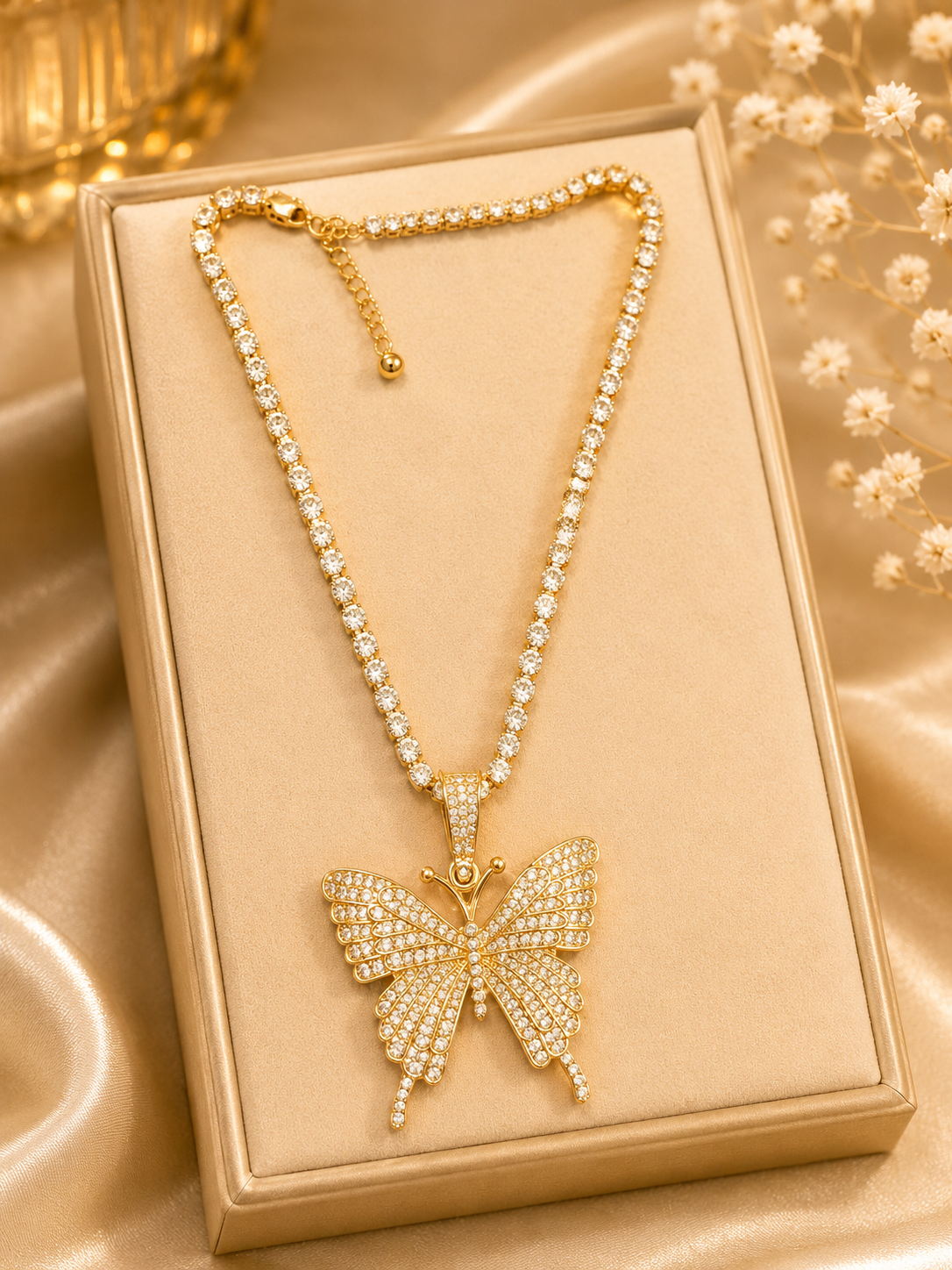 Gold Crystal Butterfly Chain Necklace