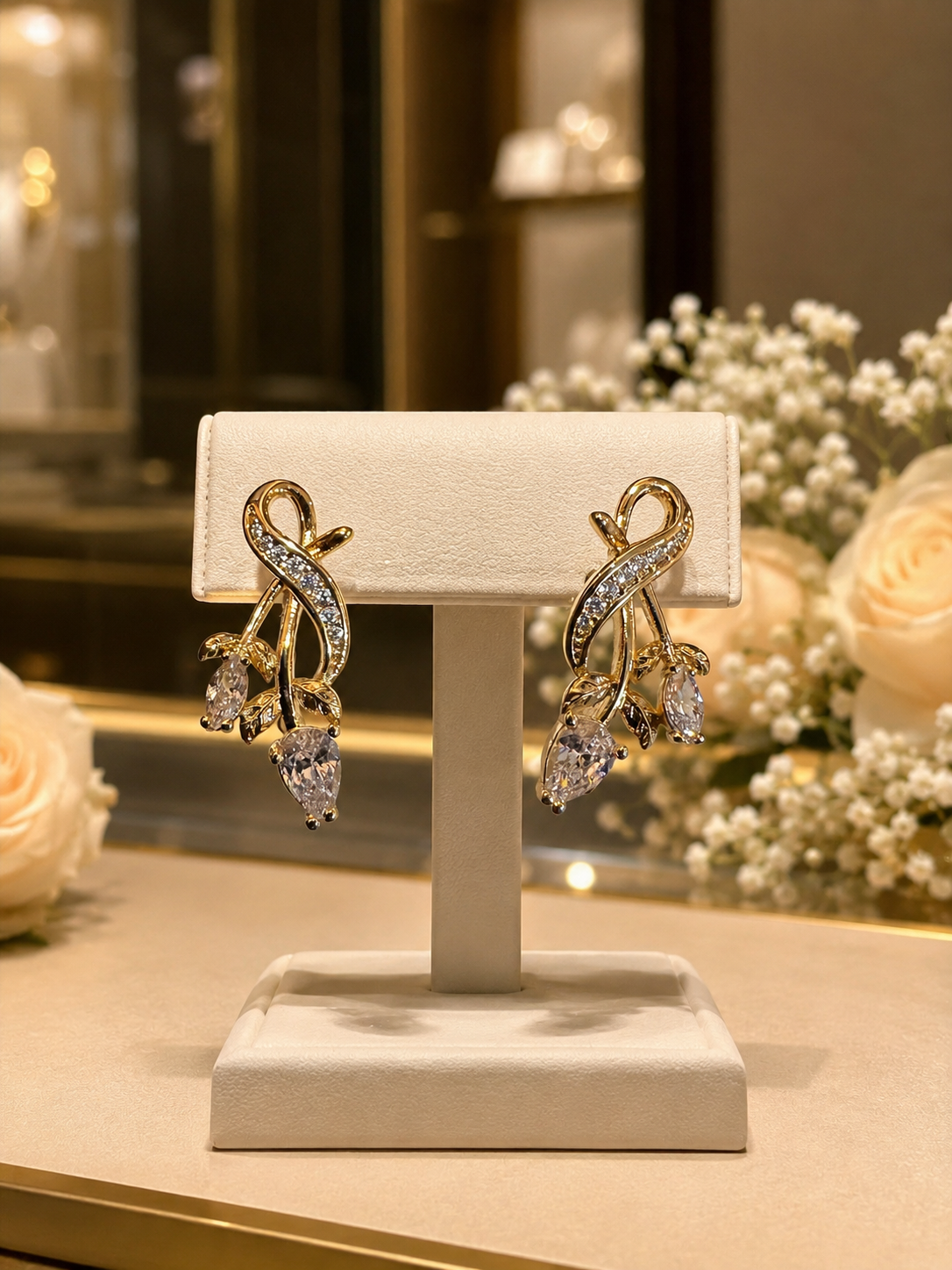 Gold Floral Drop Earrings with Teardrop Stone