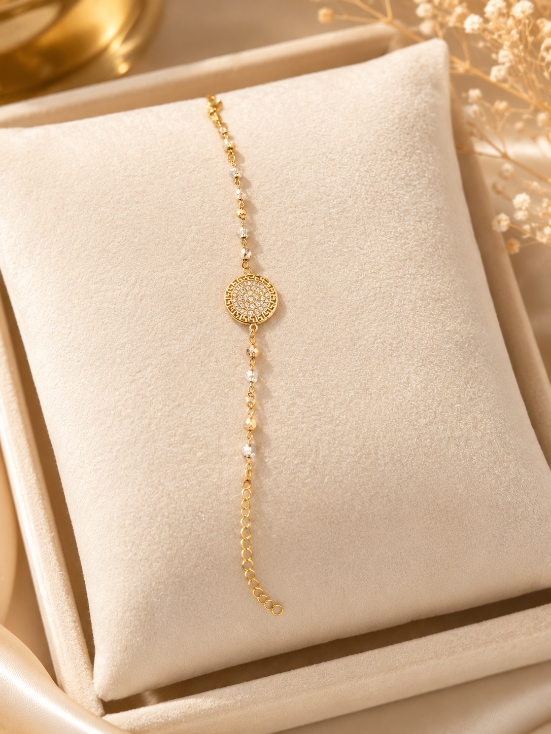 Gold Dainty Pavé Disc Chain Bracelet
