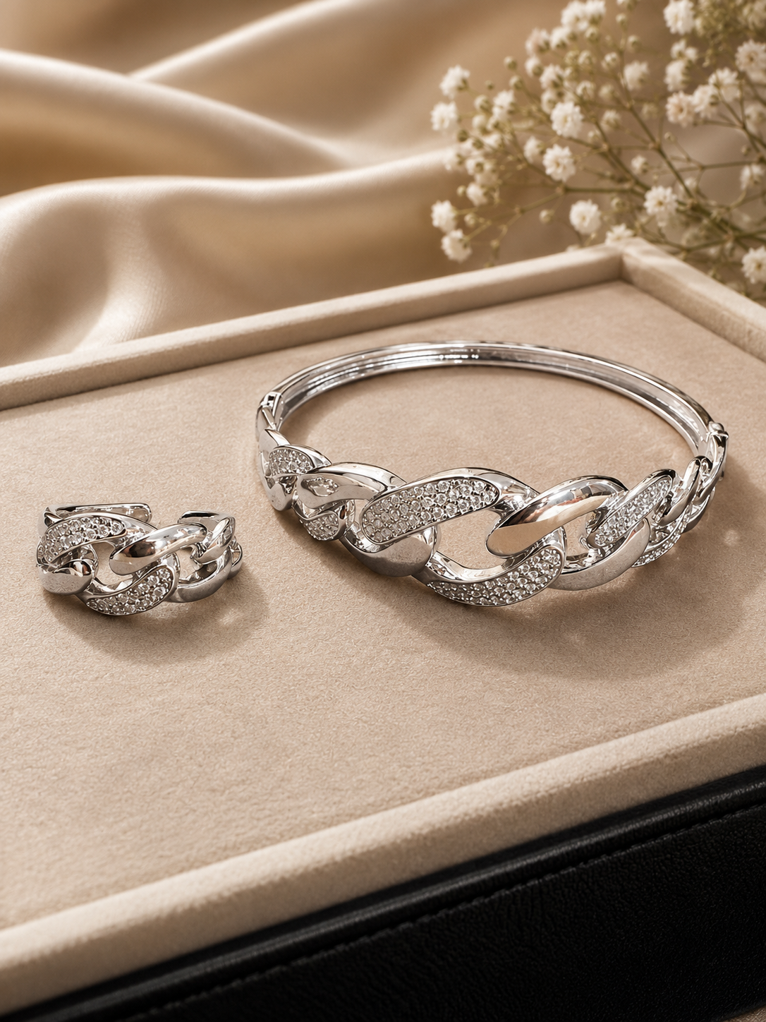 Silver Pavé Cuban Link Bangle & Ring Set