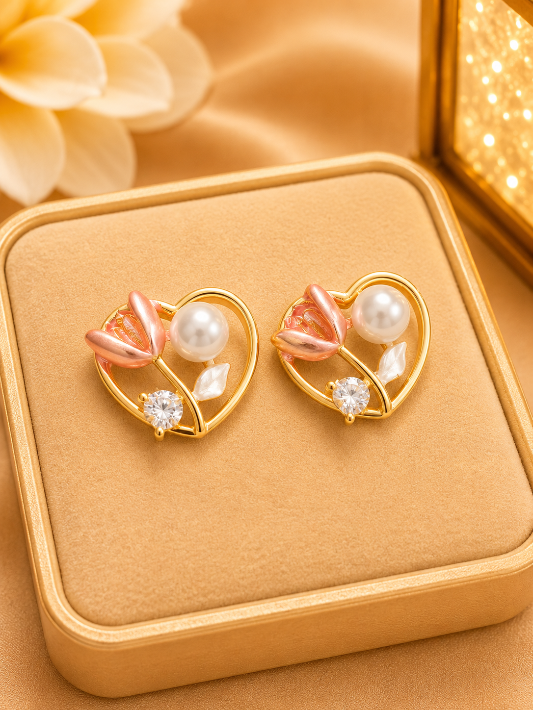 Gold Heart Pearl Stud Earrings