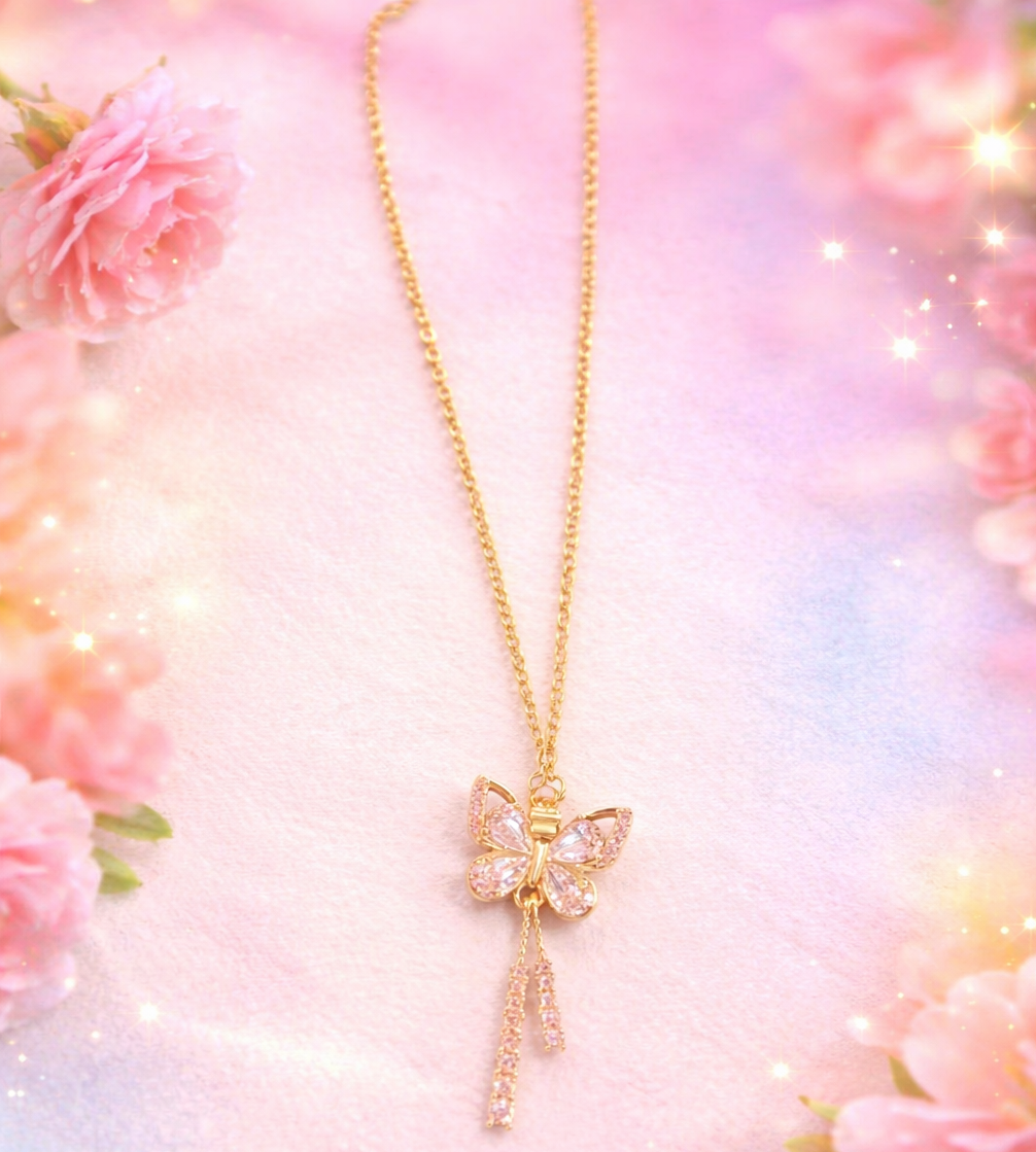 Gold Butterfly Tassel Pendant Necklace