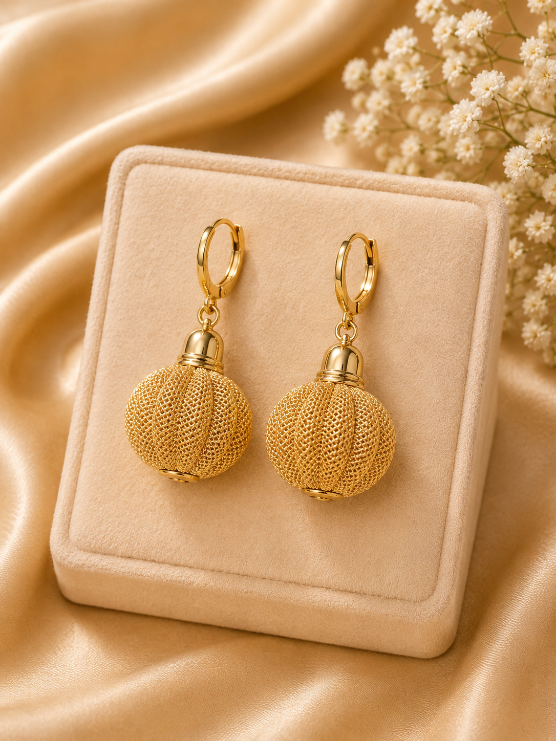 Gold Mesh Ball Drop Earrings