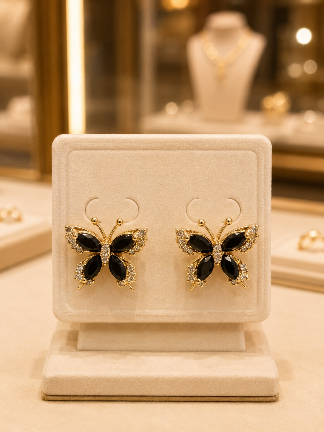Gold Butterfly Stud Earrings with Black Stones