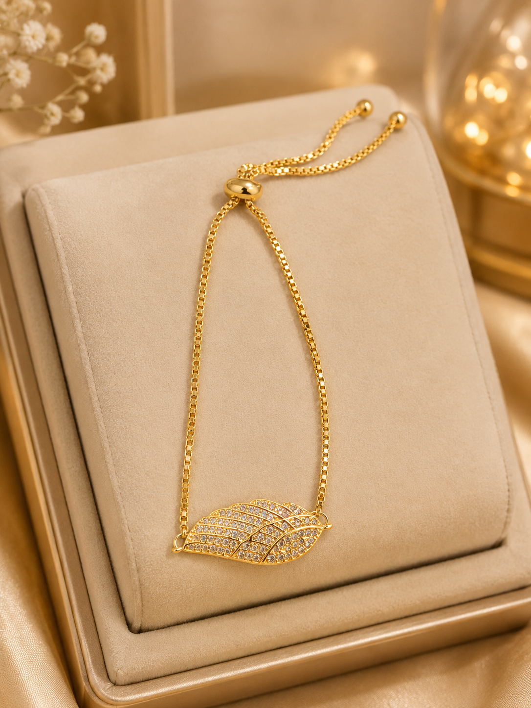 Gold Crystal Botanical Leaf Bracelet | Sleek Adjustable Station Chain