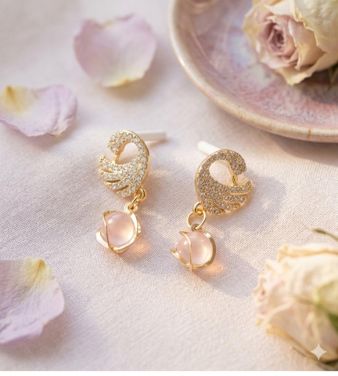 Gold Pink Stone Dangle Earrings