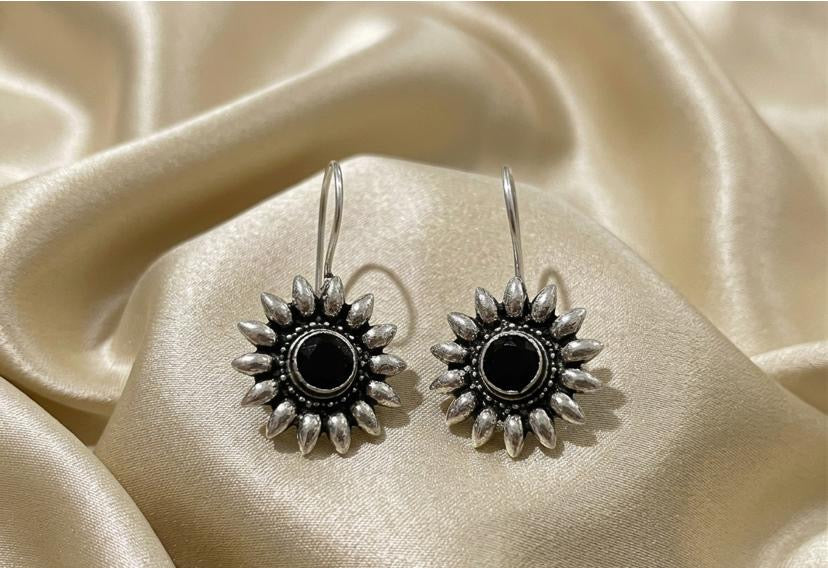 Oxidized Silver Sunflower Dangle Earrings with Black Center Stone